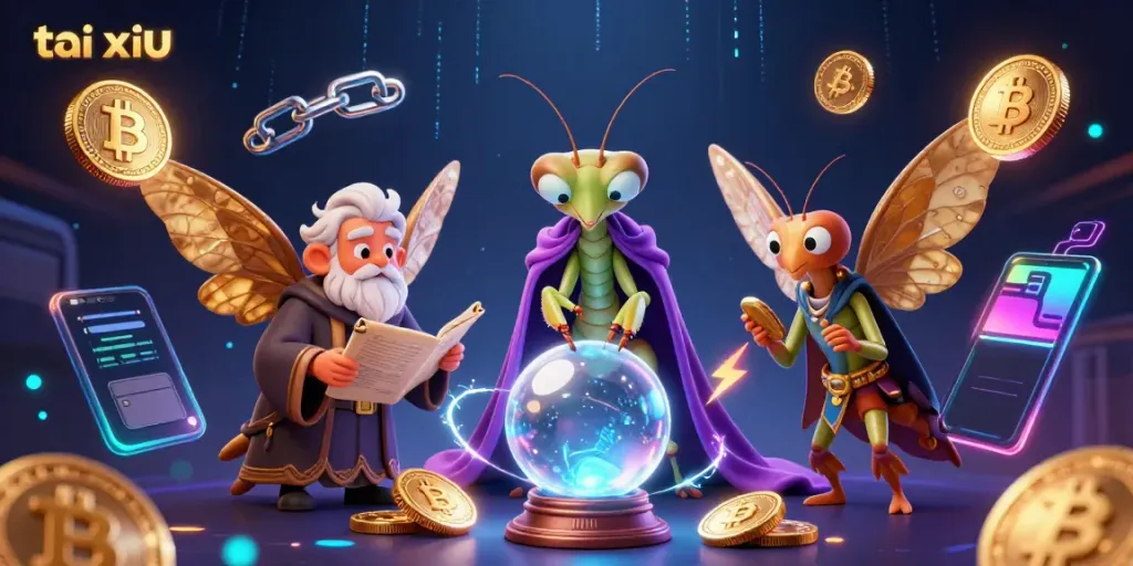 Experience thrilling tai xiu gameplay with a magical fortune teller and mystical oracles in this vibrant scene.