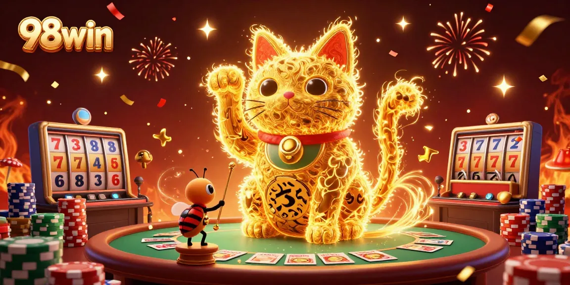 Experience the thrill of 98win with a golden lucky cat and vibrant casino elements.