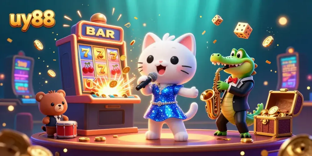 Experience the excitement of uy88 with vibrant casino characters and elements in this dynamic illustration.