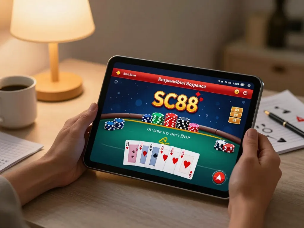 Player engaging in SC88 online gaming on tablet with vibrant interface in cozy home setting.