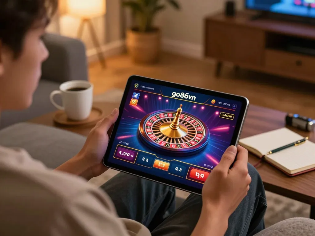 Engaged user playing go86vn casino app on tablet at home, showcasing online gaming experience.