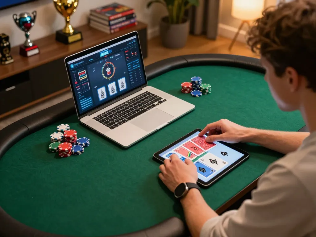 Engaging poker game setup at home showcasing a player using hay88x platform for online gambling strategy.