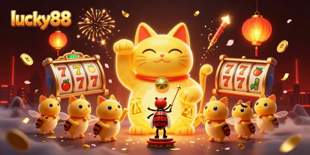 Experience winning thrills with lucky88 in a vibrant casino-themed 3D illustration.