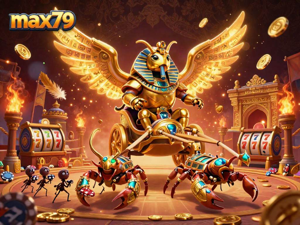 Max79 brings luck with a colossal scarab beetle chariot scene full of poker chips and golden treasure.