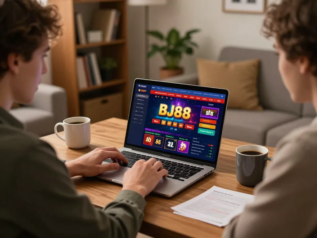 BJ88 player enjoying online gaming session, engaging with vibrant interface while strategizing with notes