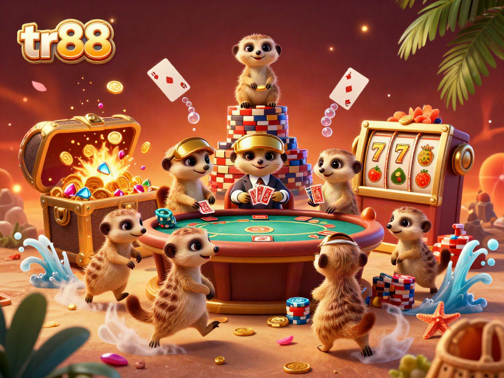 Win big with the lively meerkats at tr88 casino, featuring poker, gold coins, and vibrant underwater treasures.