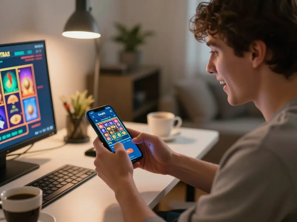 Kuwin user enjoying a strategic mobile gaming session with engaging slot interface at home