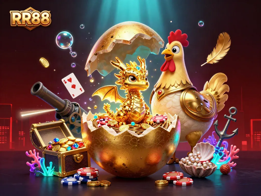 Experience the thrill of RR88 with a cartoon dragon and poker chips in a vibrant casino scene.