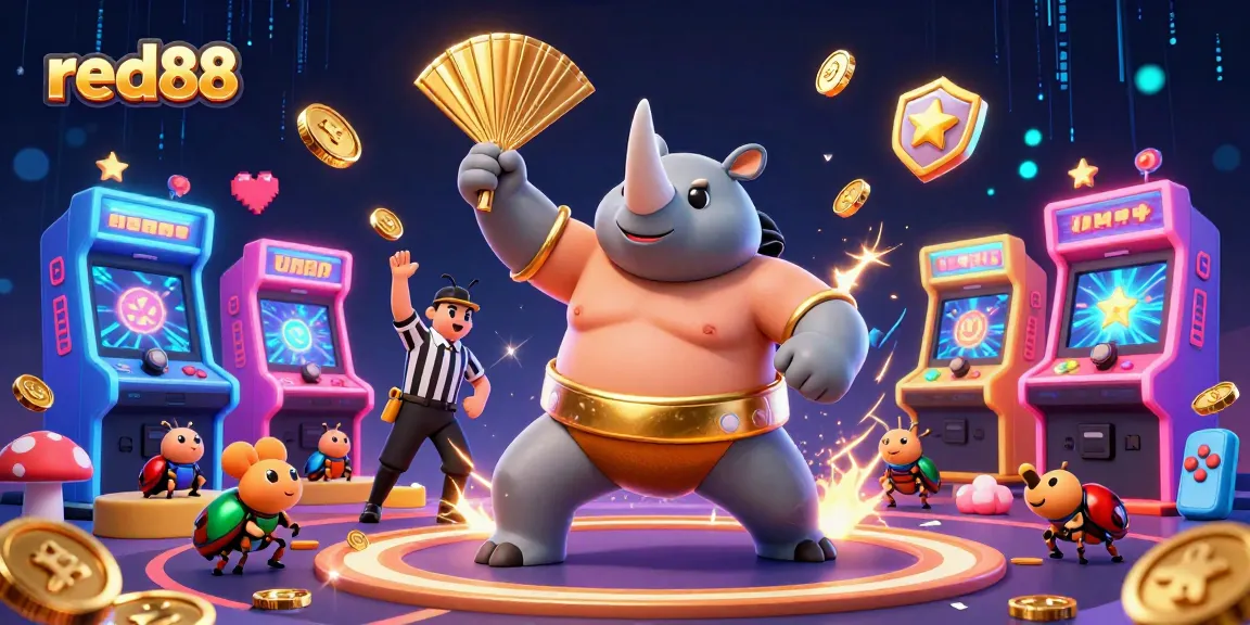 Experience the excitement at red88 as a rhinoceros beetle champion unleashes golden coins in a vibrant casino scene.