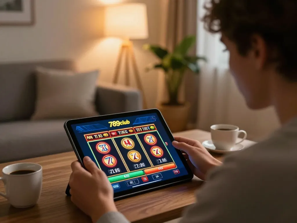 Player engaging with the 789club app on a tablet in a cozy home setting, emphasizing online gambling.