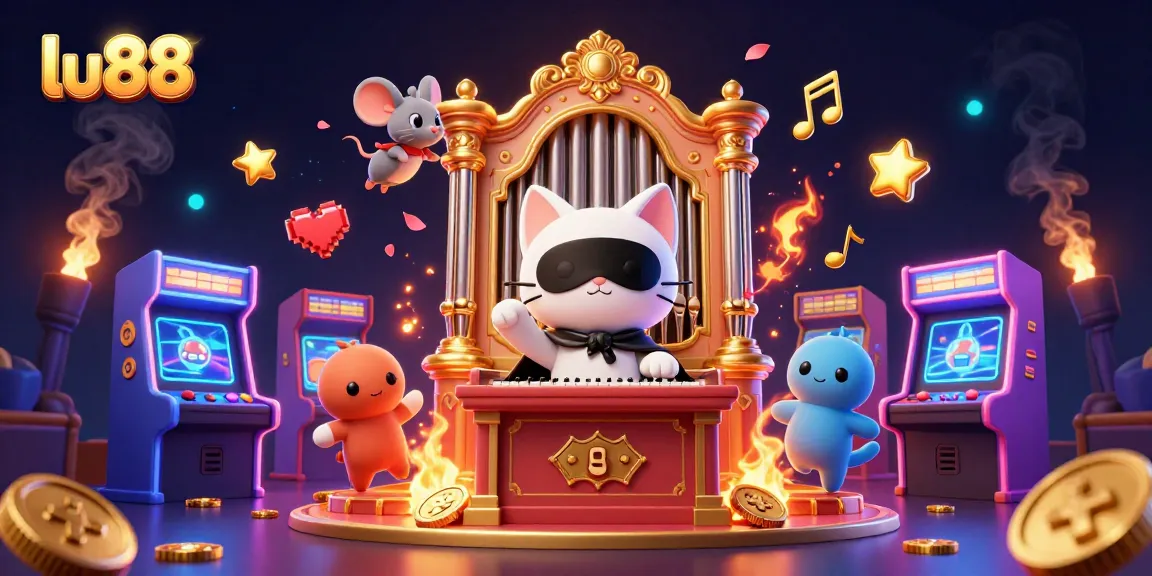 Engage with the vibrant casino adventure at lu88, featuring lively characters and gaming machines.