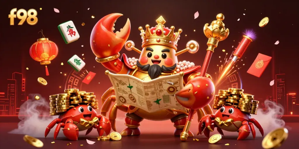 F98 illustration featuring a golden crab emperor surrounded by vibrant casino elements, showcasing dynamic energy.