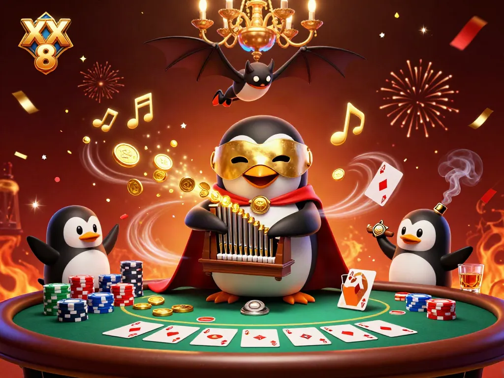 Experience winning at XX 8 with a 3D cartoon penguin organist amid poker elements in a festive scene.
