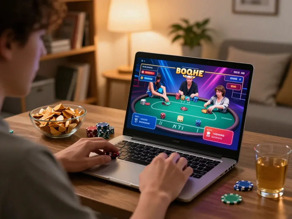 Engaged user playing kp88 online poker on laptop, cozy home setting with snacks.