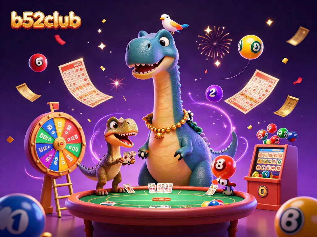 Watch the 3D cartoon brontosaurus at b52club peering down at a poker table while a clever raptor deals cards.