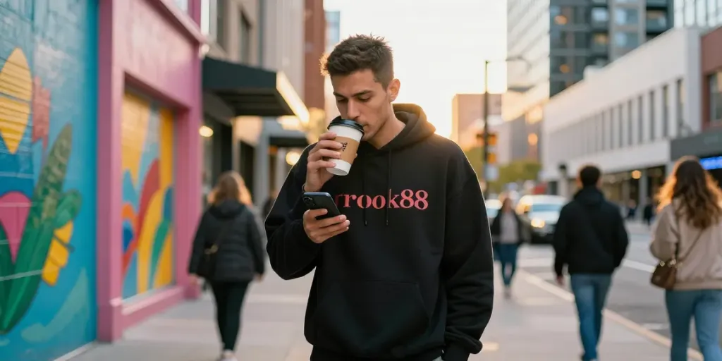 Stylish young adult in rokok88 hoodie enjoying coffee on urban street.