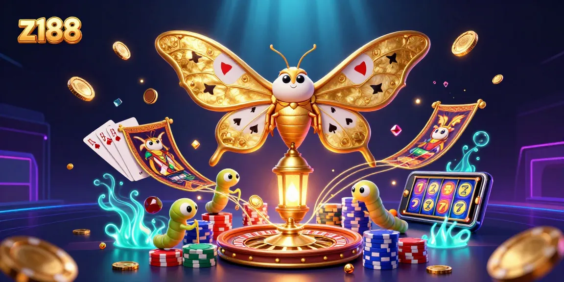 Engage with z188’s vibrant casino world featuring golden moths and animated games.