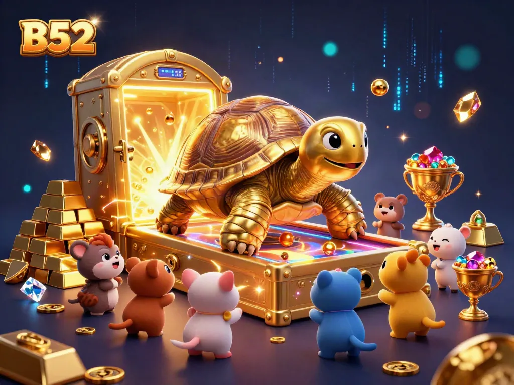 B52 promotes casino excitement with a colossal golden tortoise pinball machine surrounded by treasure and gems.