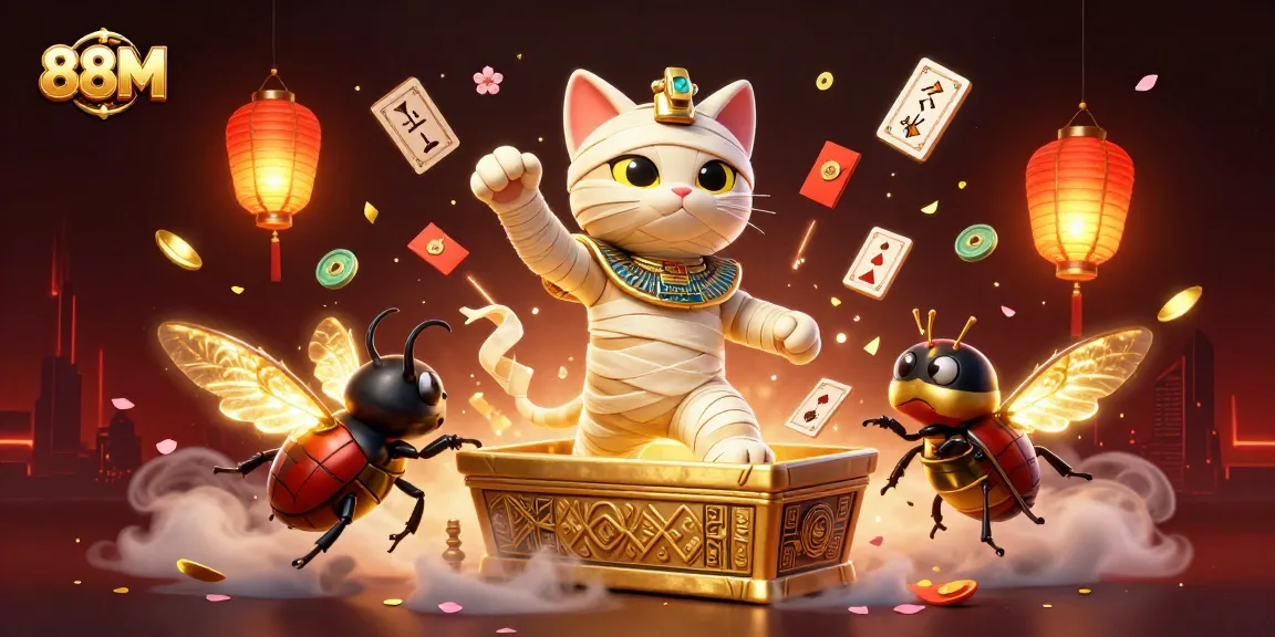 88M's exciting Egyptian-themed casino scene with a mummy cat and dynamic game elements, perfect for players.