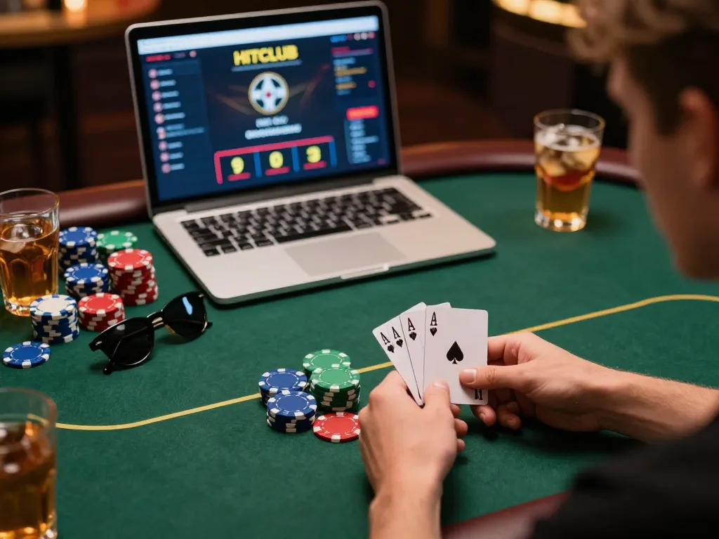 Players analyzing strategies at hitclub during a high-stakes poker game with vibrant chips.