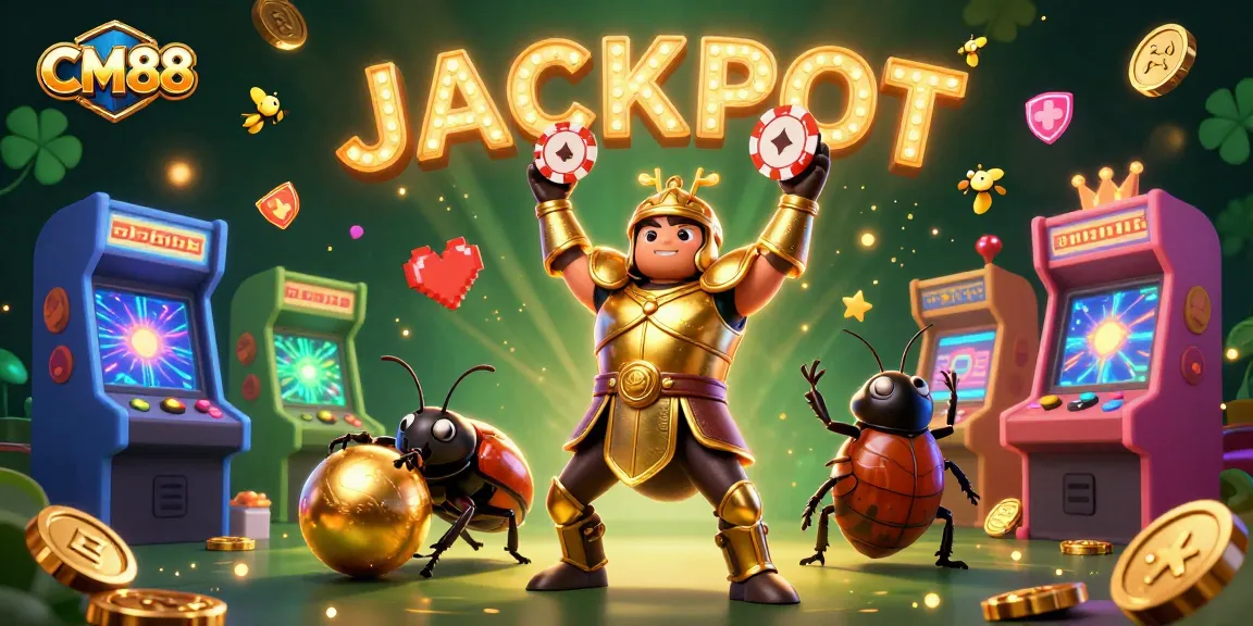 Experience high-stakes gaming at CM88 with cartoon characters celebrating on a vibrant jackpot scene.