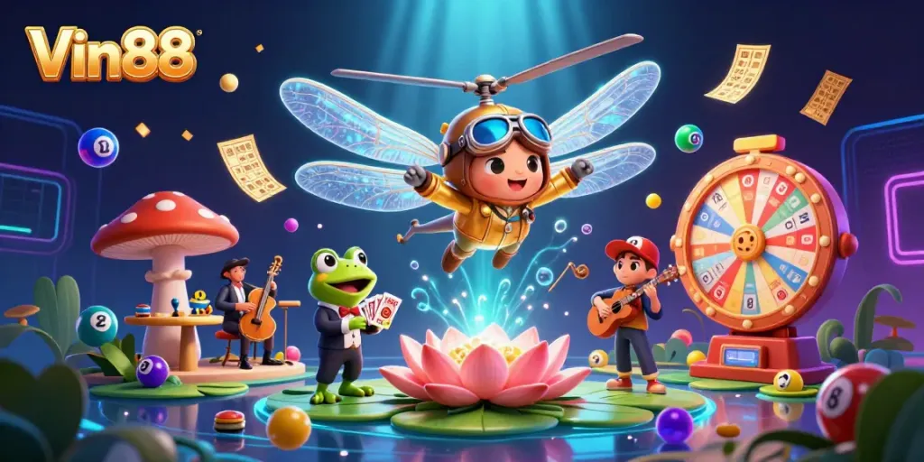 Engage with thrilling games at Vin88 with colorful lottery elements in a dynamic casino scene.