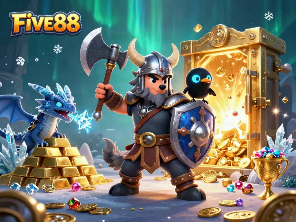 Experience the excitement of FIVE88 with a vibrant casino illustration featuring heroic characters and treasure.