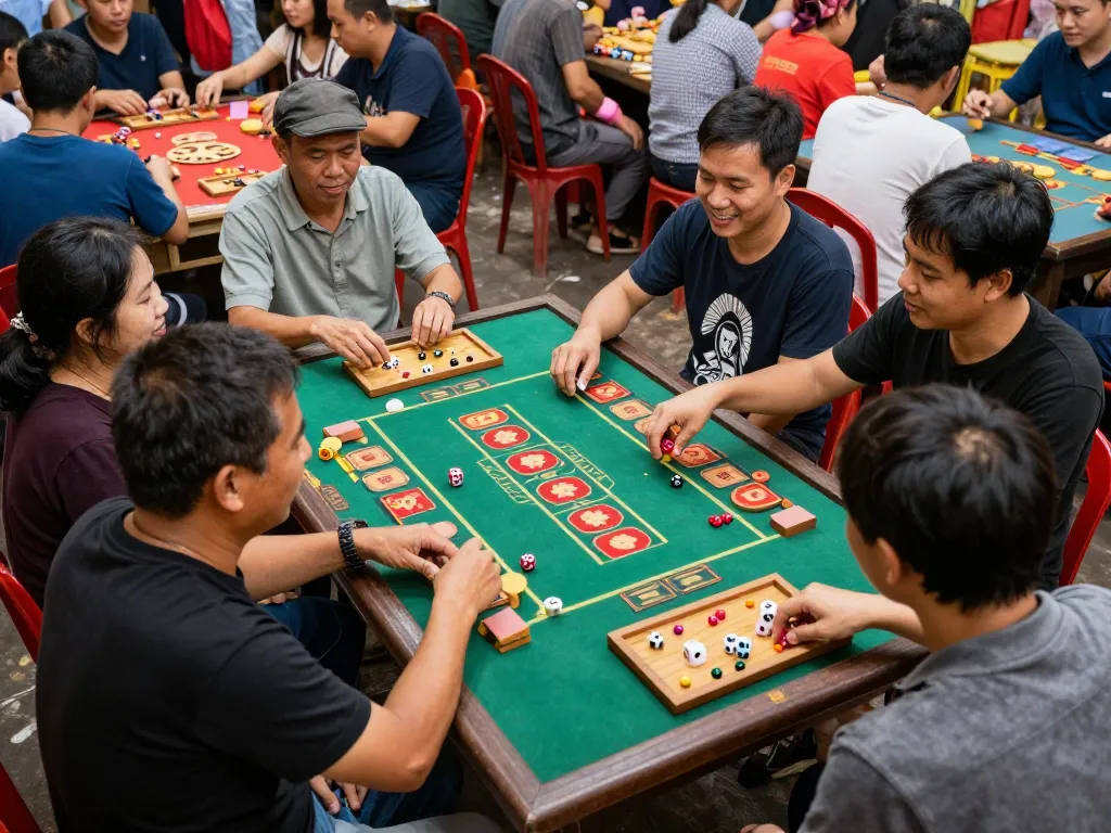 xóc đĩa players placing bets on a vibrant table in a lively market setting