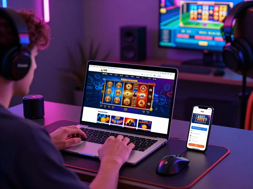 Engaged player using QE8 online betting platform with dynamic gaming setup and vibrant atmosphere.