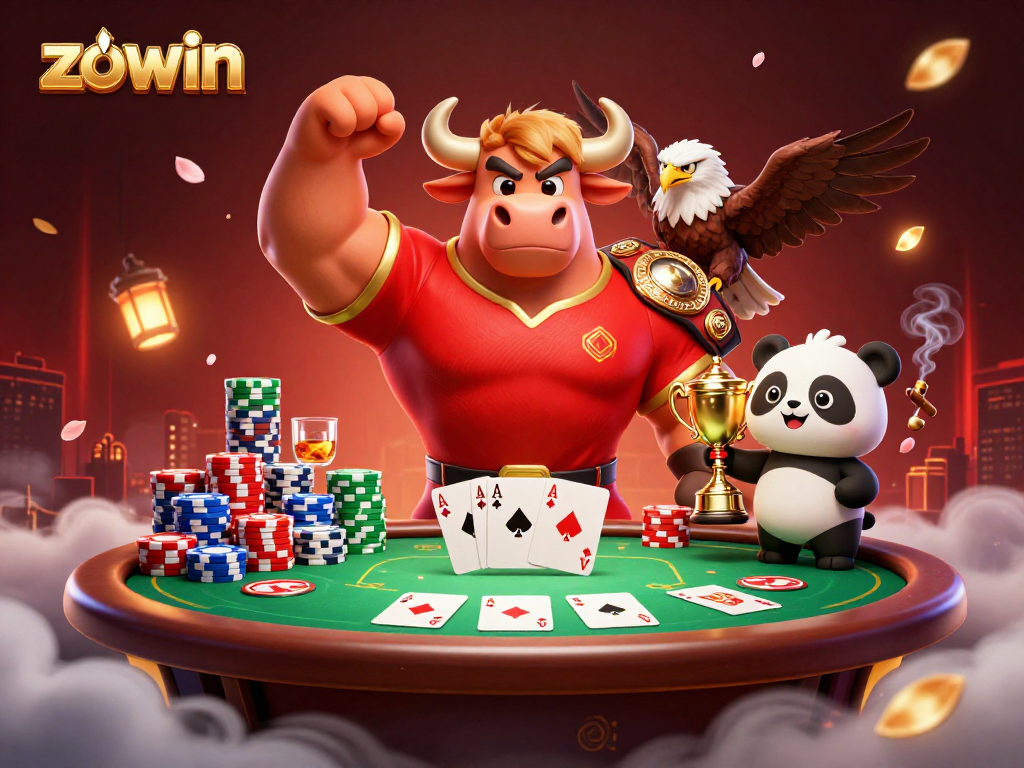 Zowin enhances gaming excitement with a robust bull, eagle, and panda celebrating victory.