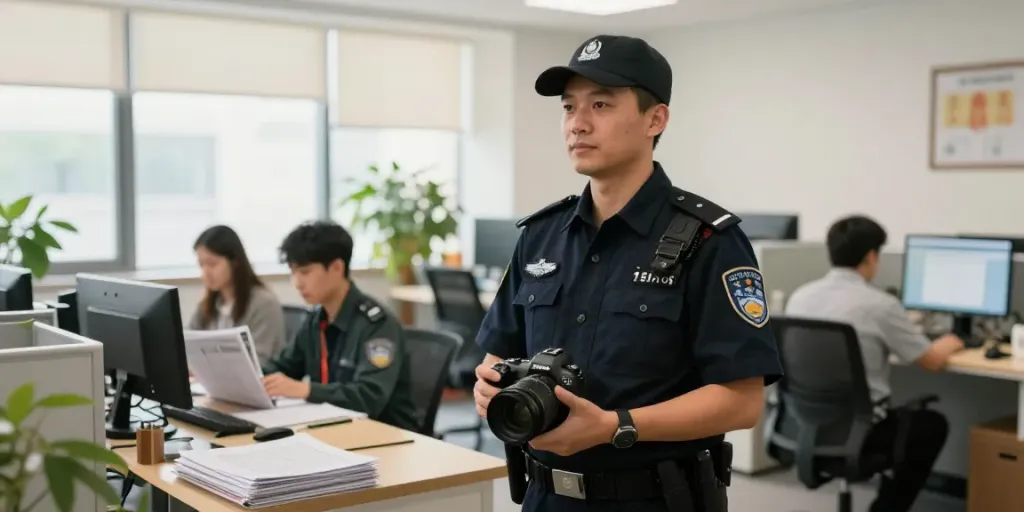 Security Guard providing professional protection in a corporate office setting.