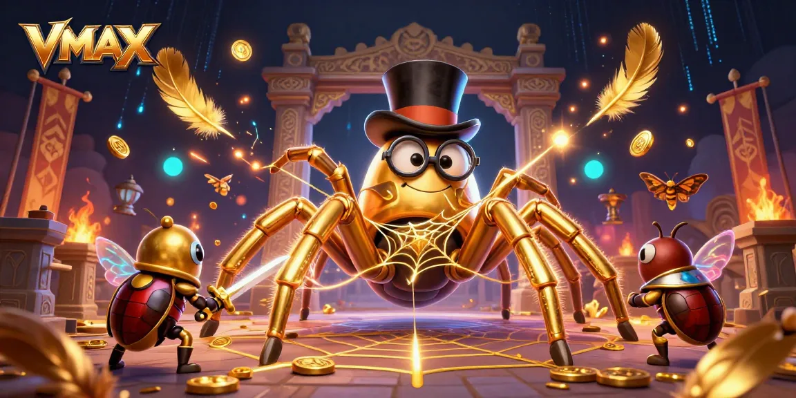Experience the excitement of VMAX with a dynamic 3D illustration showcasing a golden tarantula and knight in action.