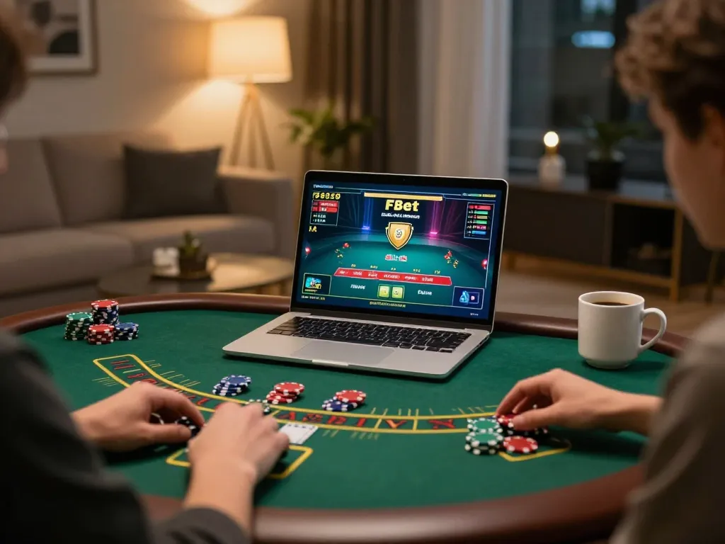 Player enjoying F8bet blackjack on a stylish laptop setup at home, showcasing engagement in online gambling.
