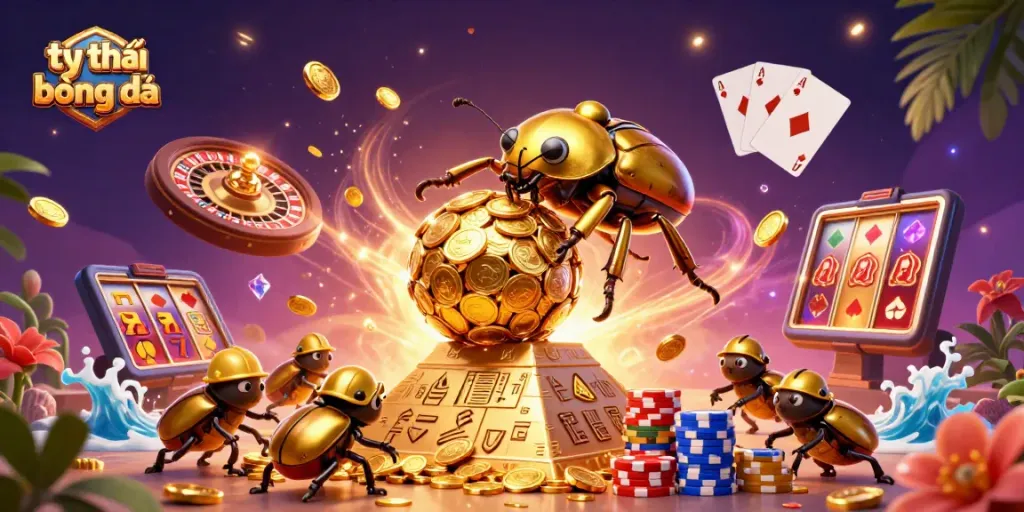 Experience engaging tỷ lệ bóng đá action with golden beetles and casino symbols in dynamic scene.