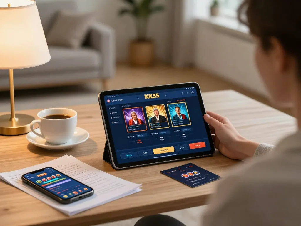 Player enjoying KK55 online casino on a tablet in a cozy home setting with warm ambiance