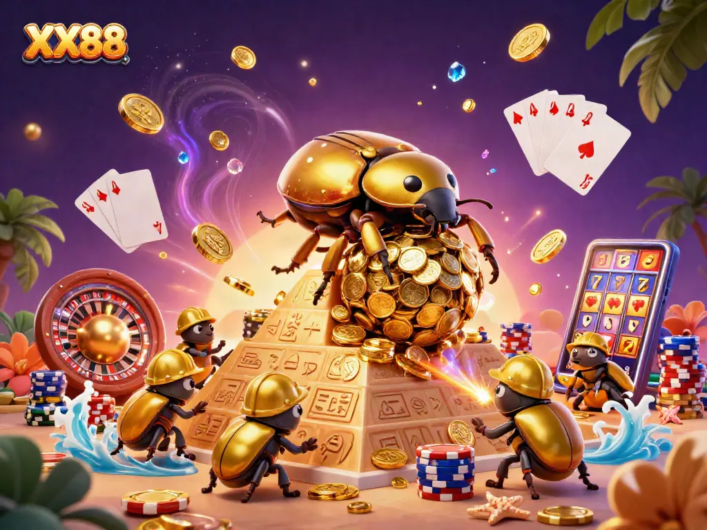 Engage in exciting gameplay with XX88's immersive casino scene featuring golden coins and vibrant game elements.