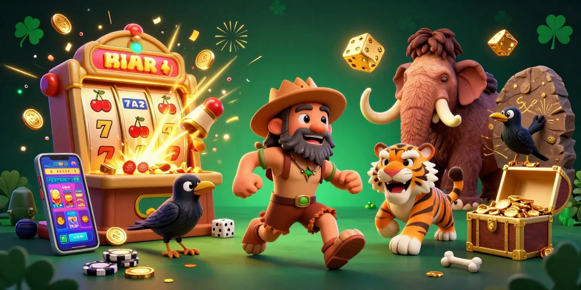 Engage in thrilling gaming adventures at 1gom with 3D caveman and sabertooth tiger at a vibrant casino.