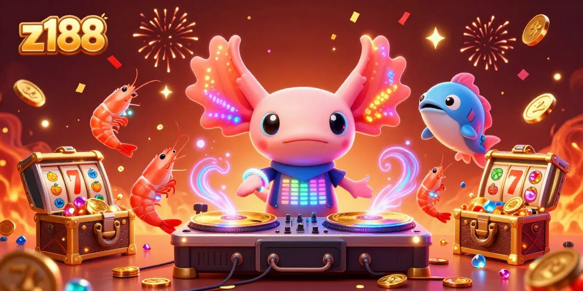 Experience z188 with a vibrant underwater casino scene featuring a neon axolotl DJ and lively game elements.