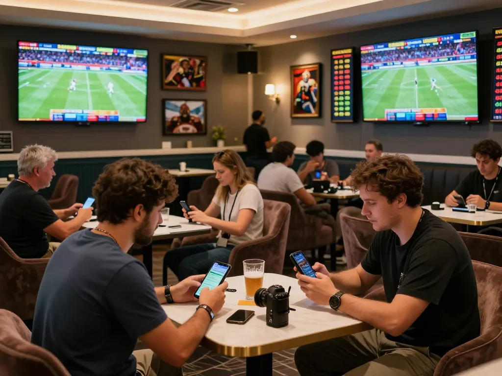 Tylekeo sports betting enthusiasts analyzing odds and using apps in a sophisticated lounge.