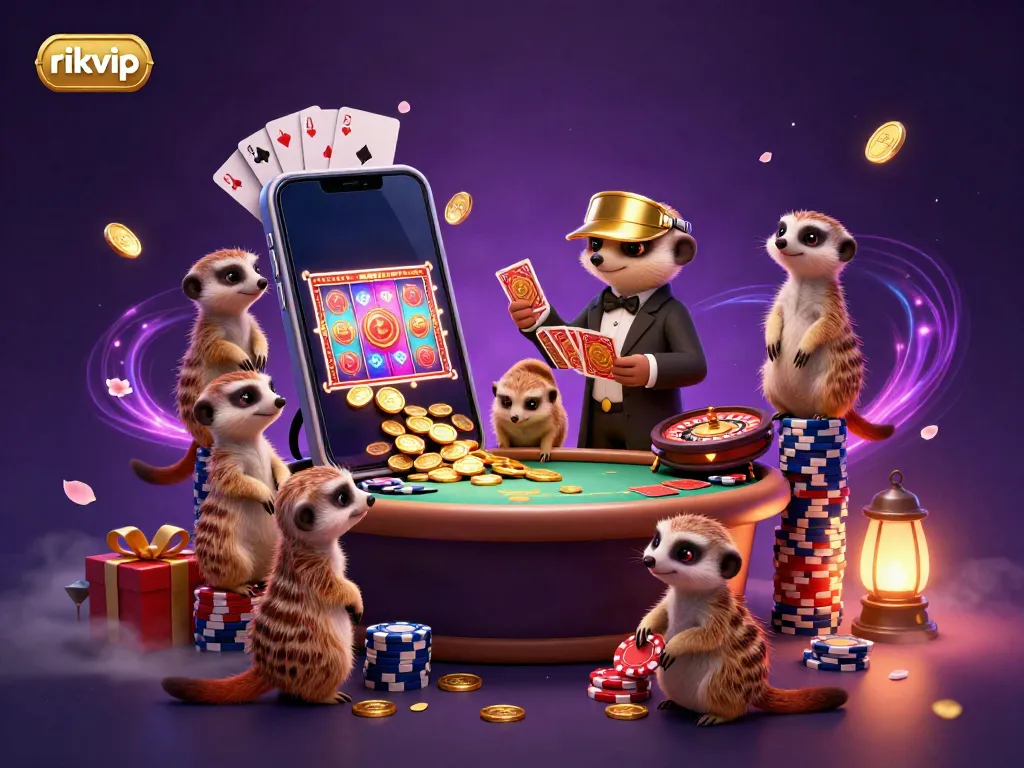 Experience the vibrant gaming world of rikvip with meerkats orchestrating casino activities, featuring lively slots and poker.