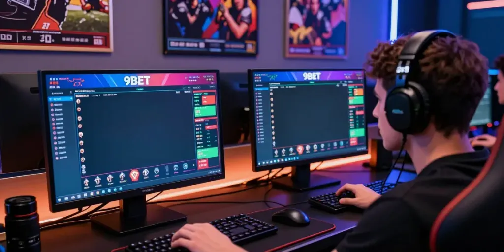 Player engaging in live betting on 9bet in a vibrant gaming setup.