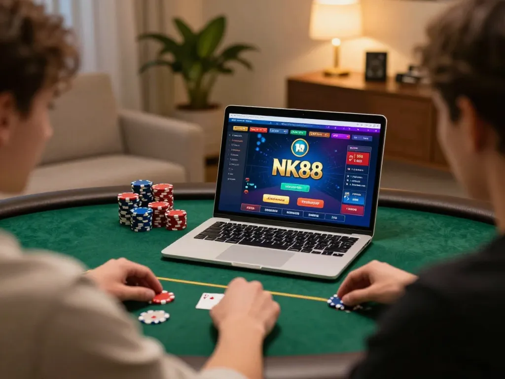 Experience thrilling online poker action at NK88 with a stylish home gaming setup and vibrant interface.