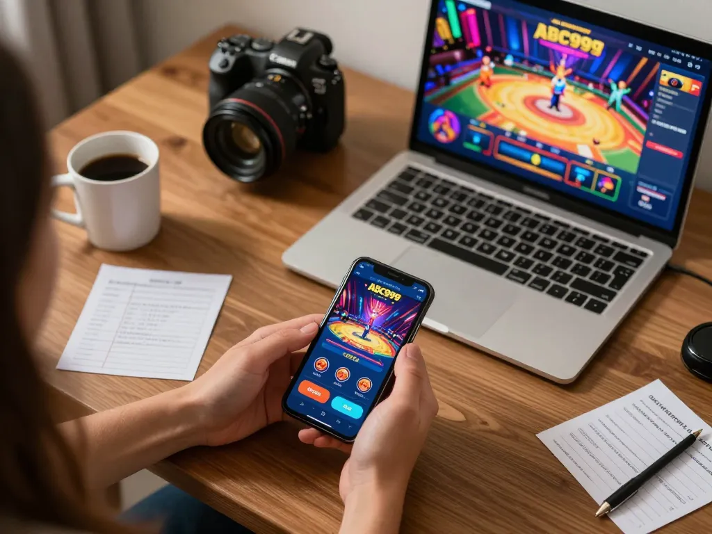 Player exploring ABC999's mobile casino app on a smartphone in a cozy home setup