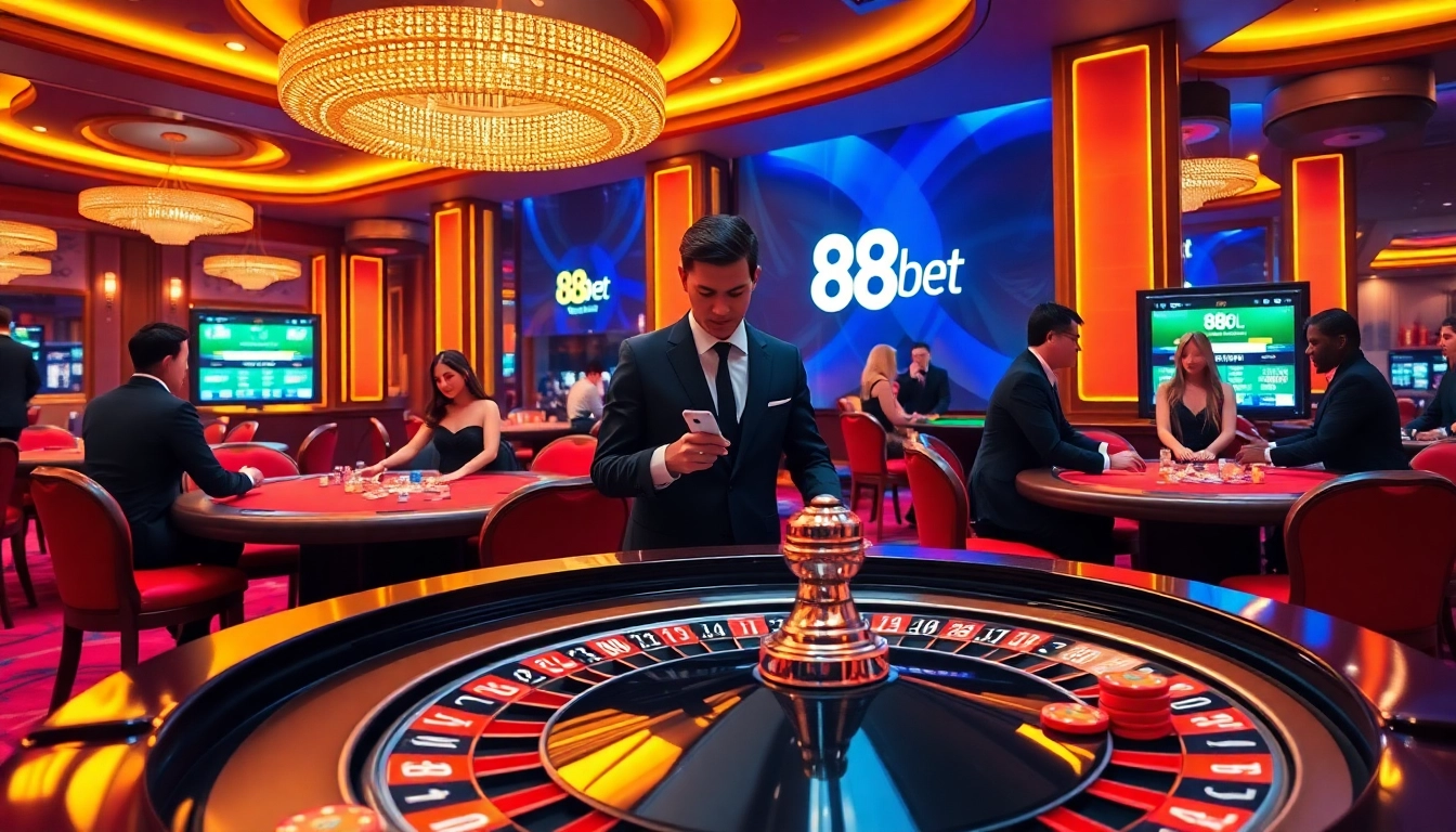 Players enjoying high-stakes games at 88bet's elegant casino table, showcasing excitement and luxury.