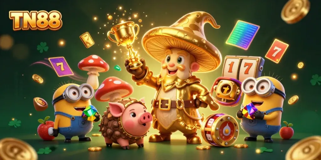 Experience the magic of TN88 with a golden wizard and treasure amidst vibrant casino elements.