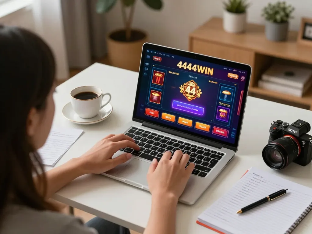 Engaging gameplay on 4444WIN laptop, showcasing strategic planning and home comfort while gambling online.