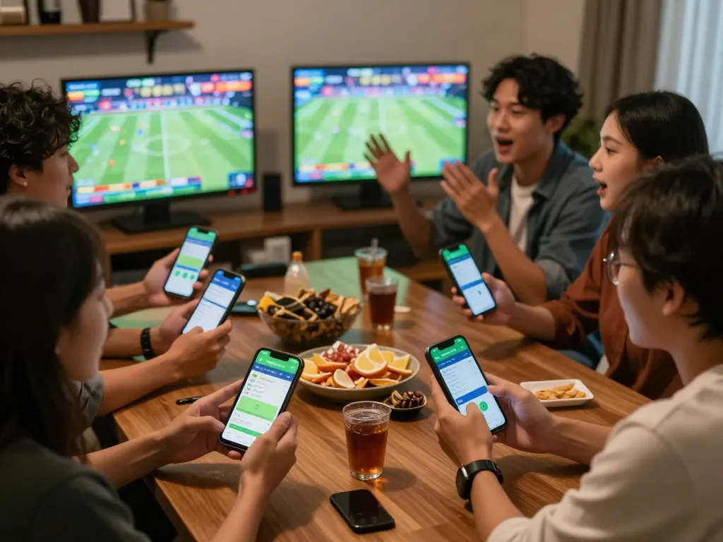 Bongdallu users actively engaging in sports betting with smartphones, showcasing live odds and excitement.