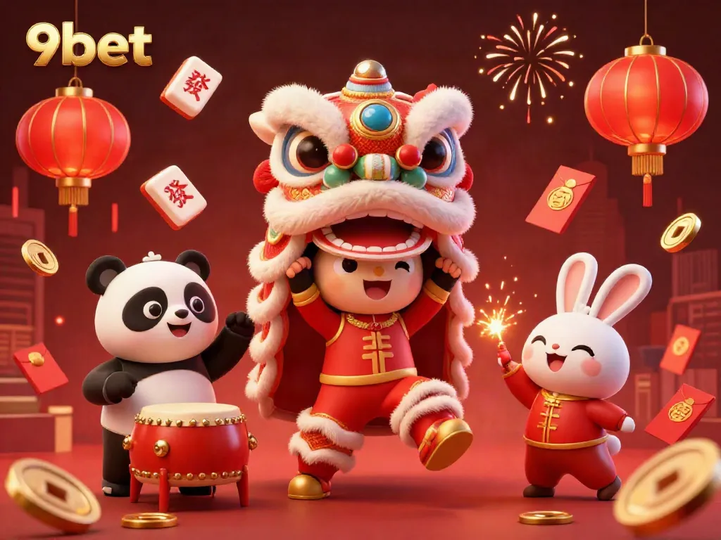 Experience vibrant excitement with 9bet through a lively 3D lion dance and festive symbols.