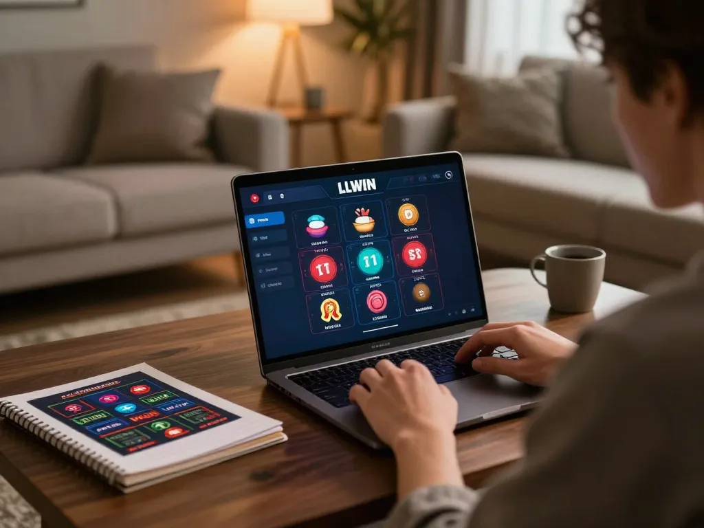 Engaged gamer using the LLWIN app for strategic online betting in a cozy home environment.