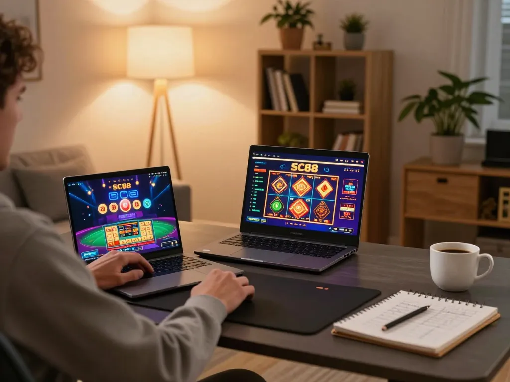 Player enjoying strategic gameplay in SC88 online casino setup at home